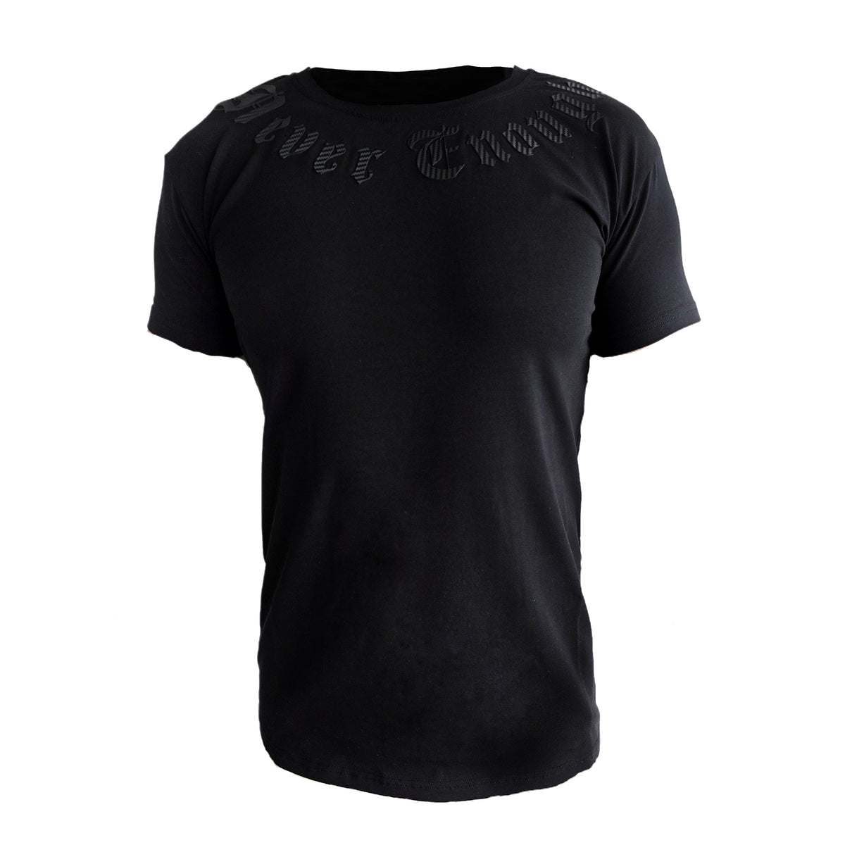 Devant du T-shirt MVL Gold line Never enough noir avec texte autour du col