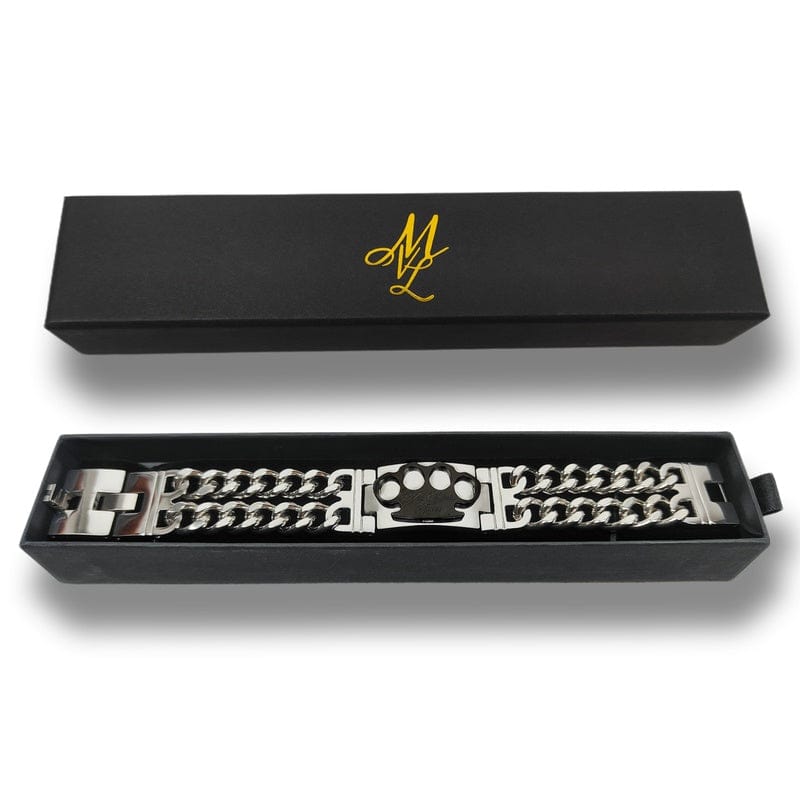Mi Vida Loca MVL Armband silber/schwarz mit schwarzer MVL-Logo-Platte in der offenen Geschenkbox