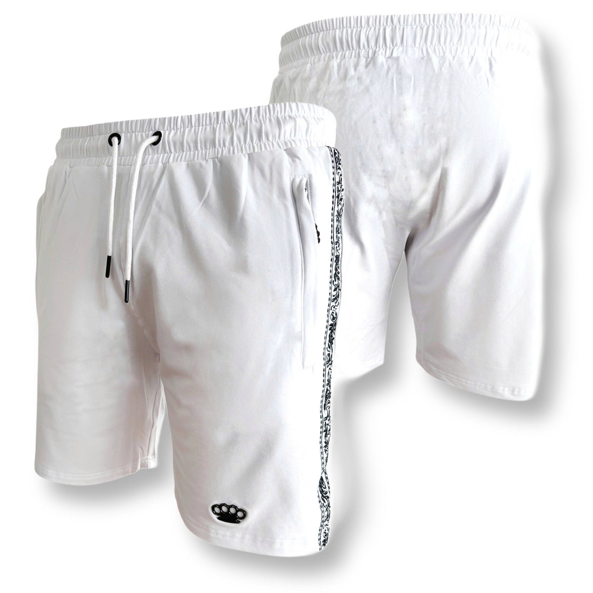 Shorts jogger Mi Vida Loca Meander bianchi con banda Meander nera, fronte e retro