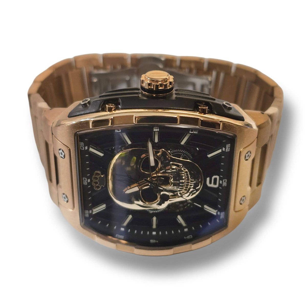 Vue de face de la MVL Automatic Skull Watch or rose avec tête de mort 3D sur cadran bleu-noir