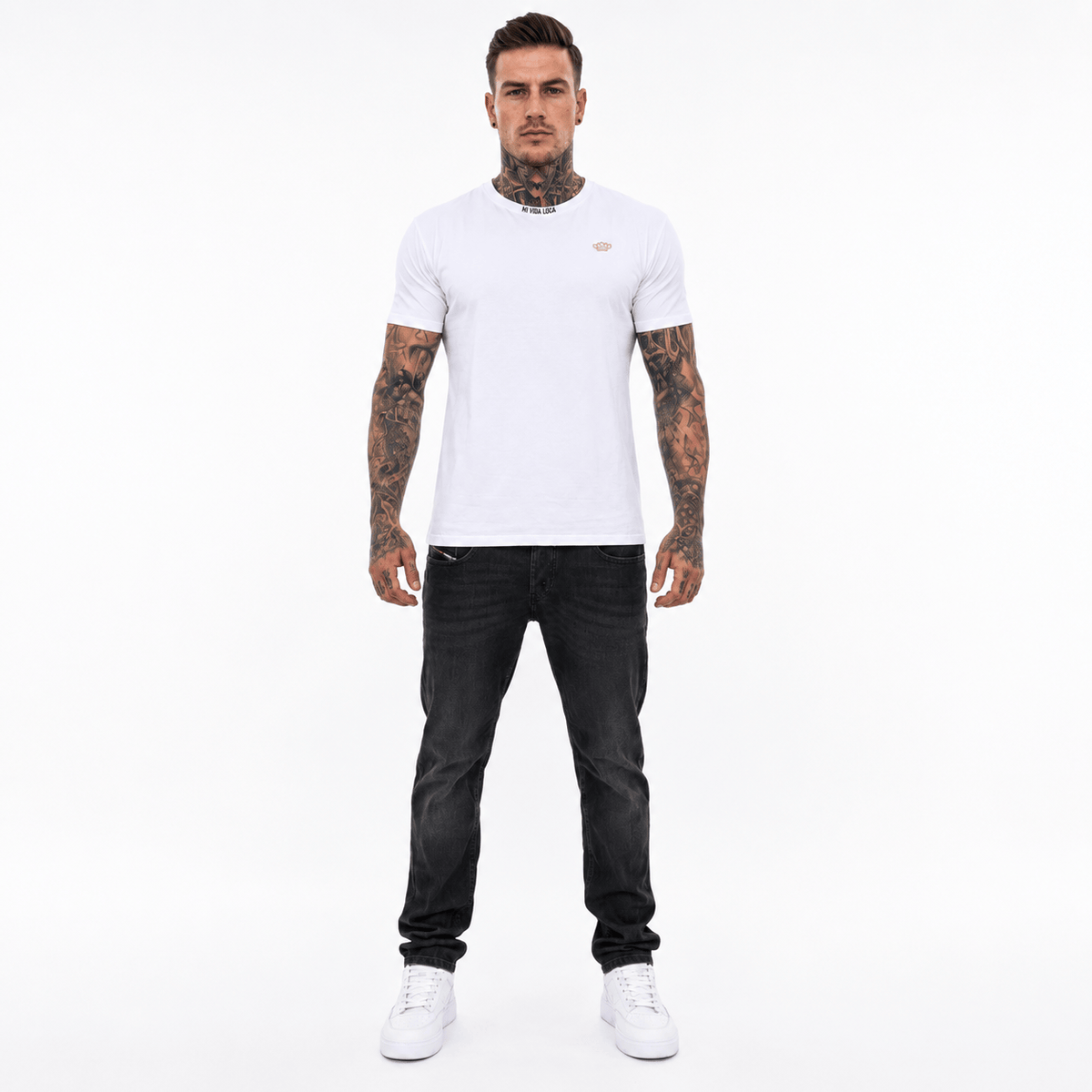 Trust nobody embroidery T-shirt in white worn by model, straight front with black jeans and white sneakers