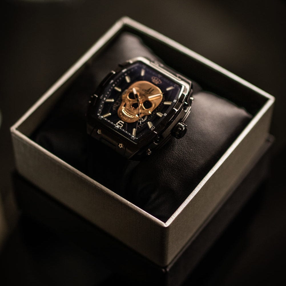 Mi Vida Loca Automatic Skull Watch in black with copper-coloured skull on the dial, in the watch box