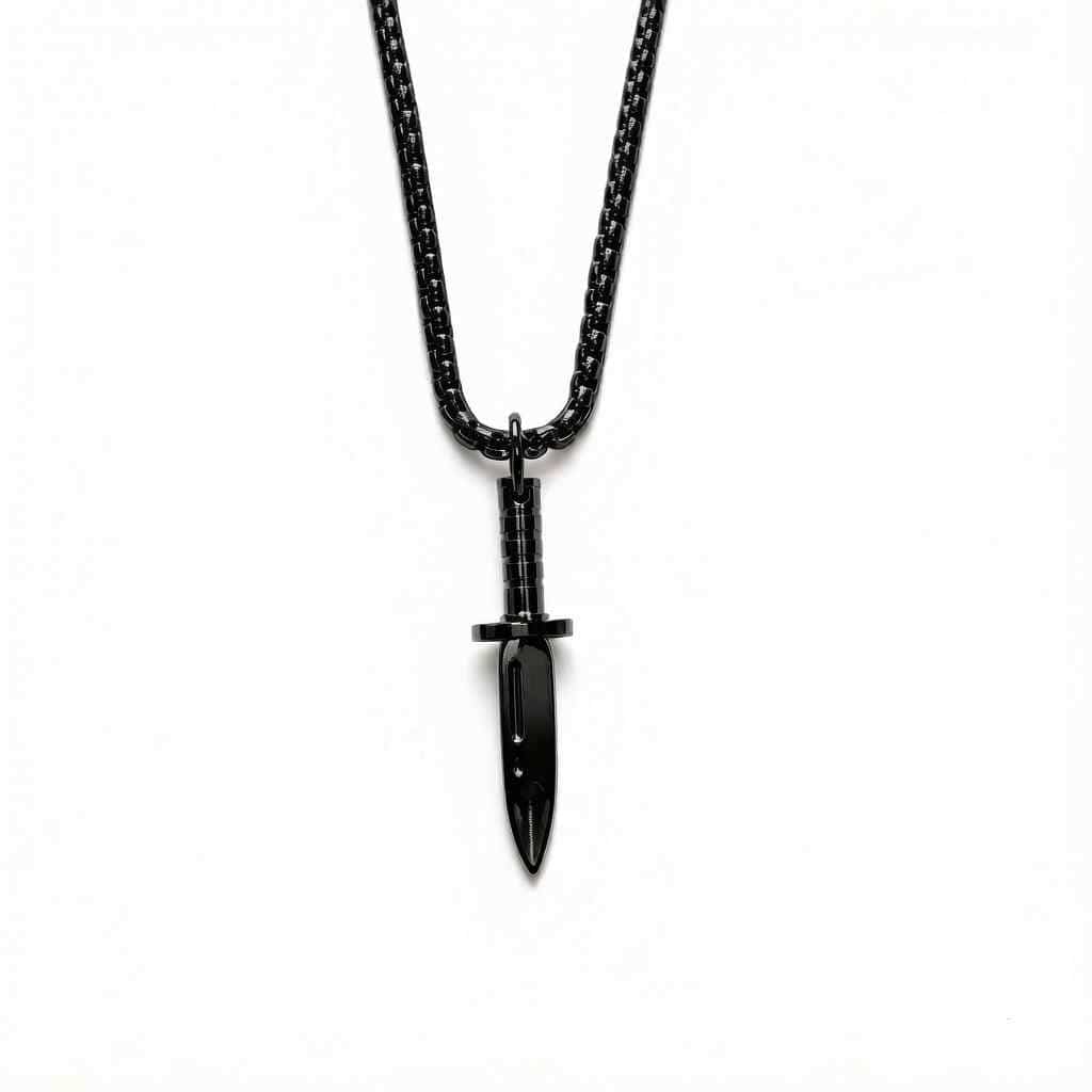 Schwarze MVL Knife chain mit Messeranhänger auf weißem Hintergrund