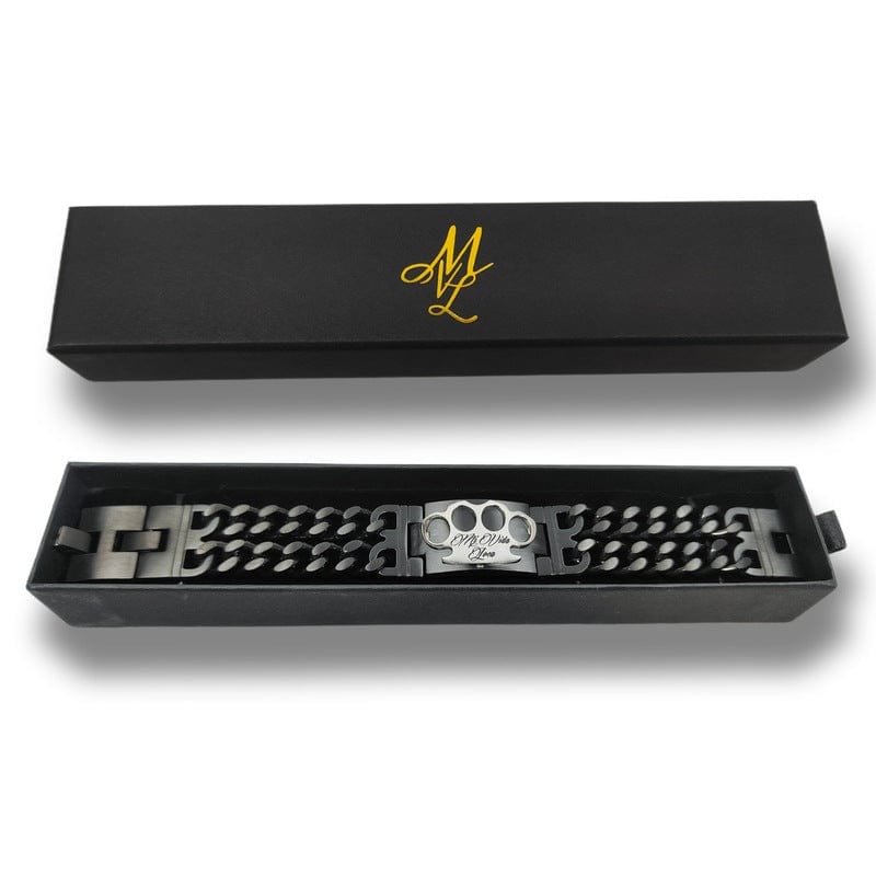 Bracciale Mi Vida Loca nero e argento con placca logo MVL argento, nella scatola MVL nera aperta