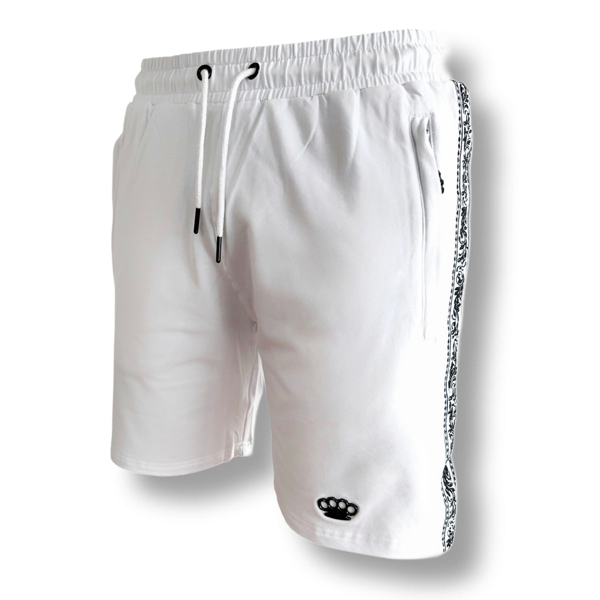 Shorts MVL Meander bianchi con coulisse, tasca con zip e logo MVL nero, vista frontale obliqua