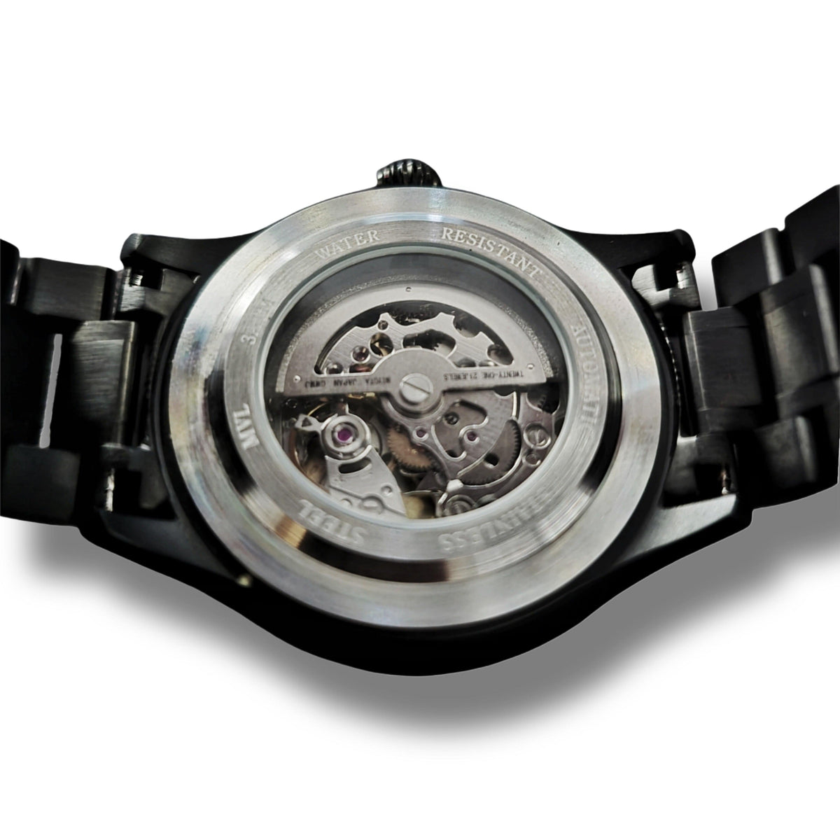 Tył zegarka Double skull ze szklaną kopertą i widocznym mechanizmem automatycznym