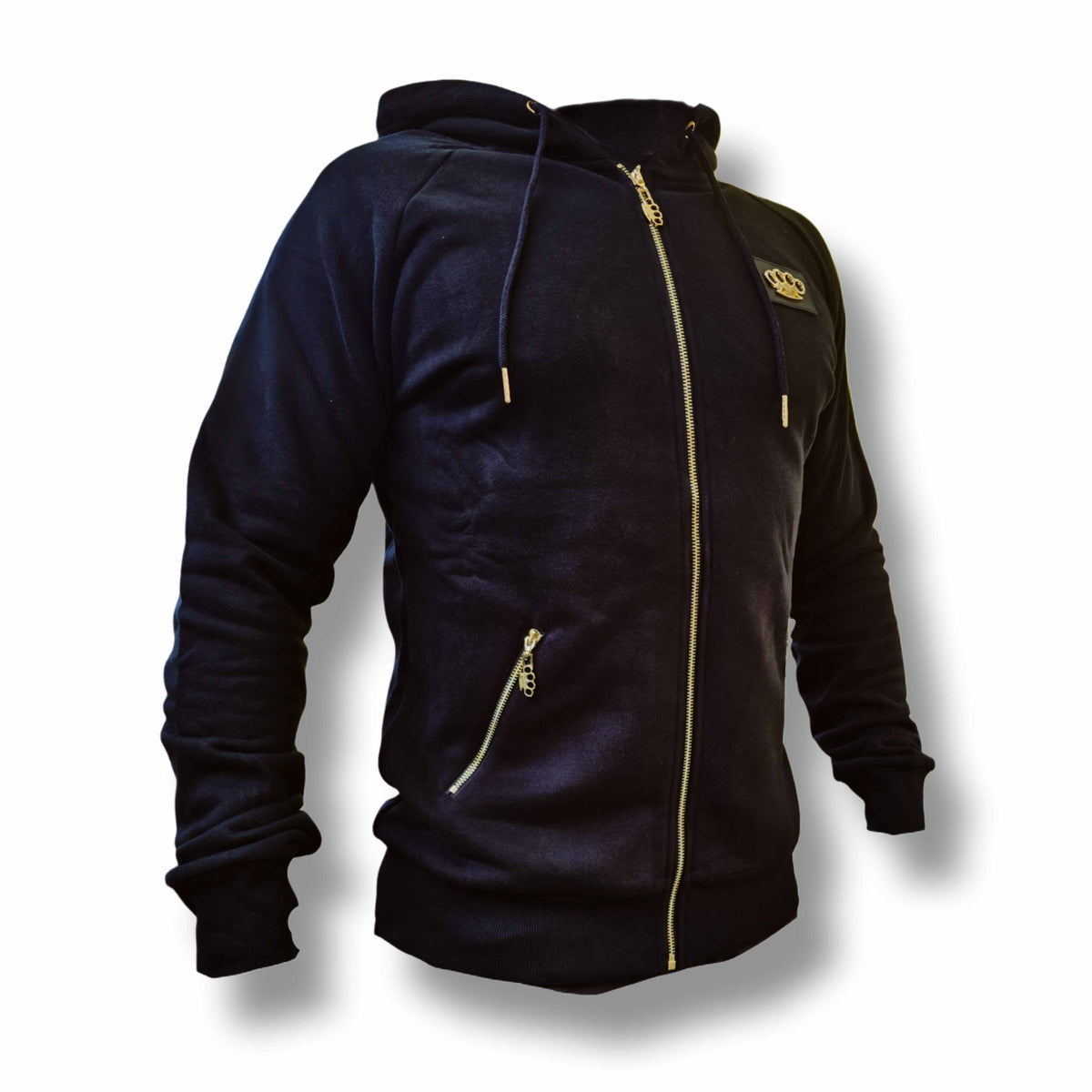 Felpa MVL Final boss nera con zip dorata e logo MVL, fronte obliquo su sfondo bianco