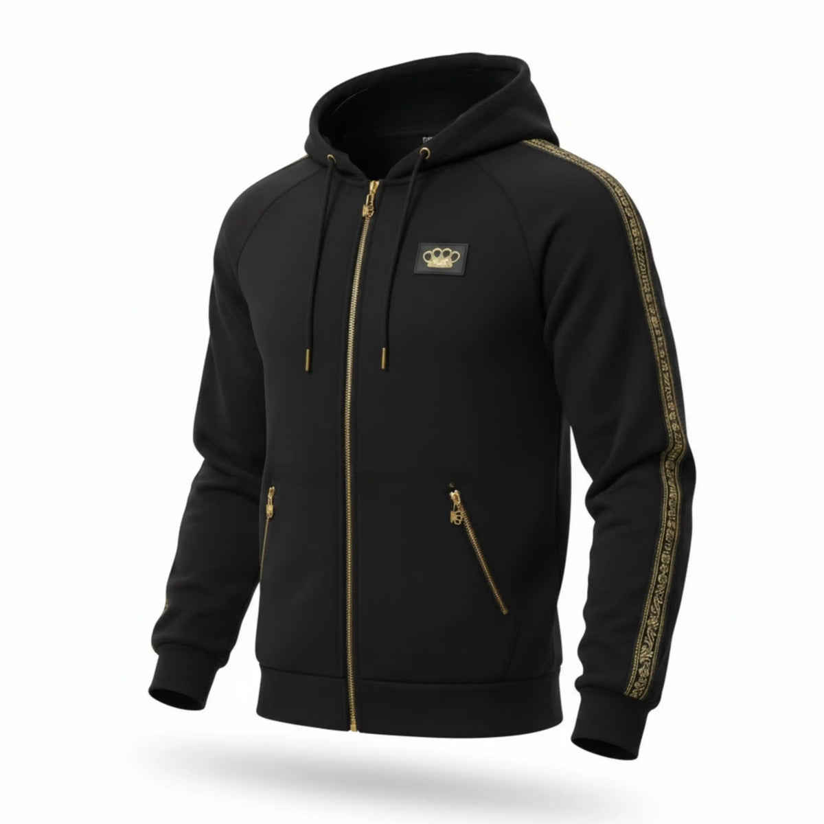 Felpa con zip MVL Meander nera, fronte con profili dorati e patch logo MVL su sfondo bianco