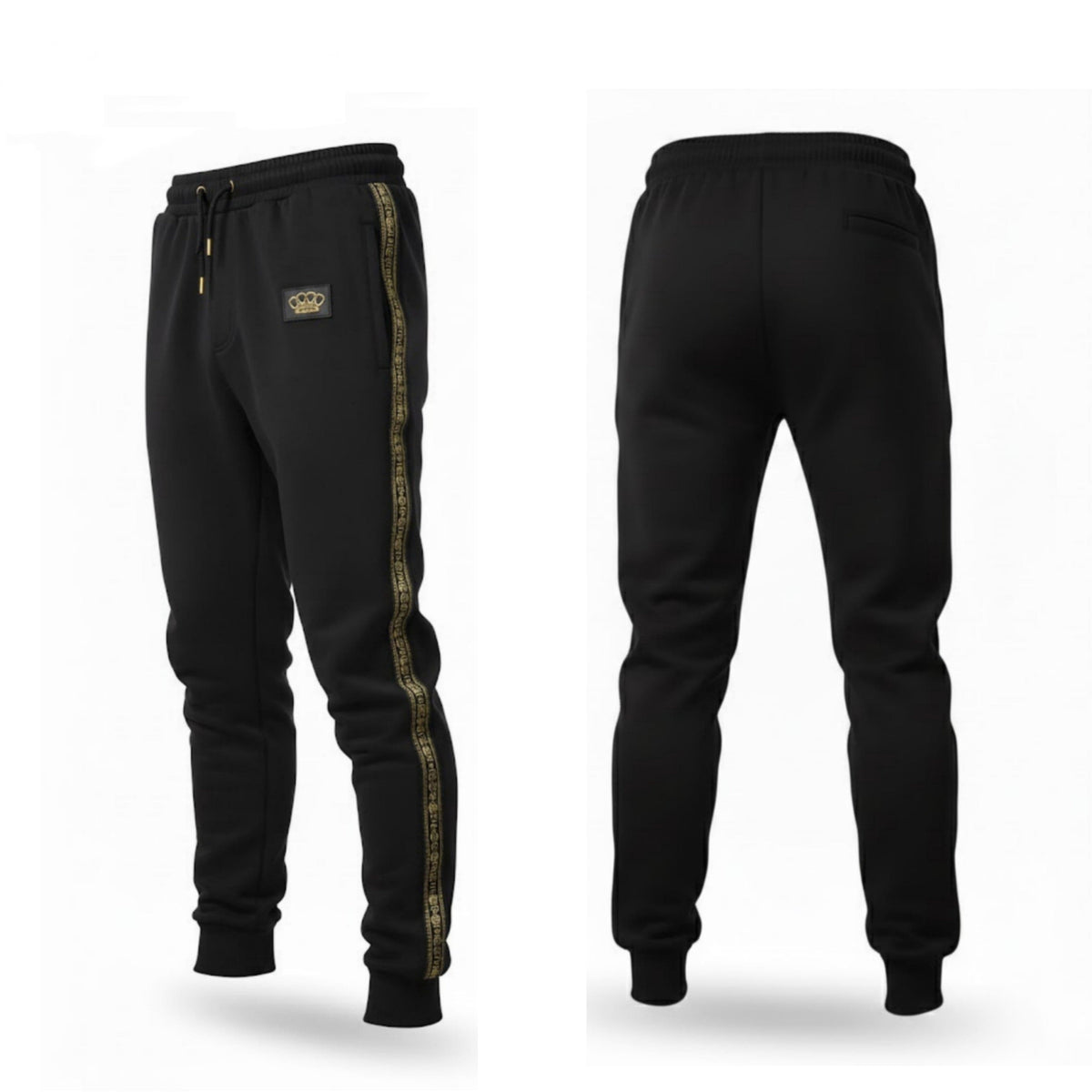 Pantaloni jogger MVL Meander neri, fronte e retro su sfondo bianco