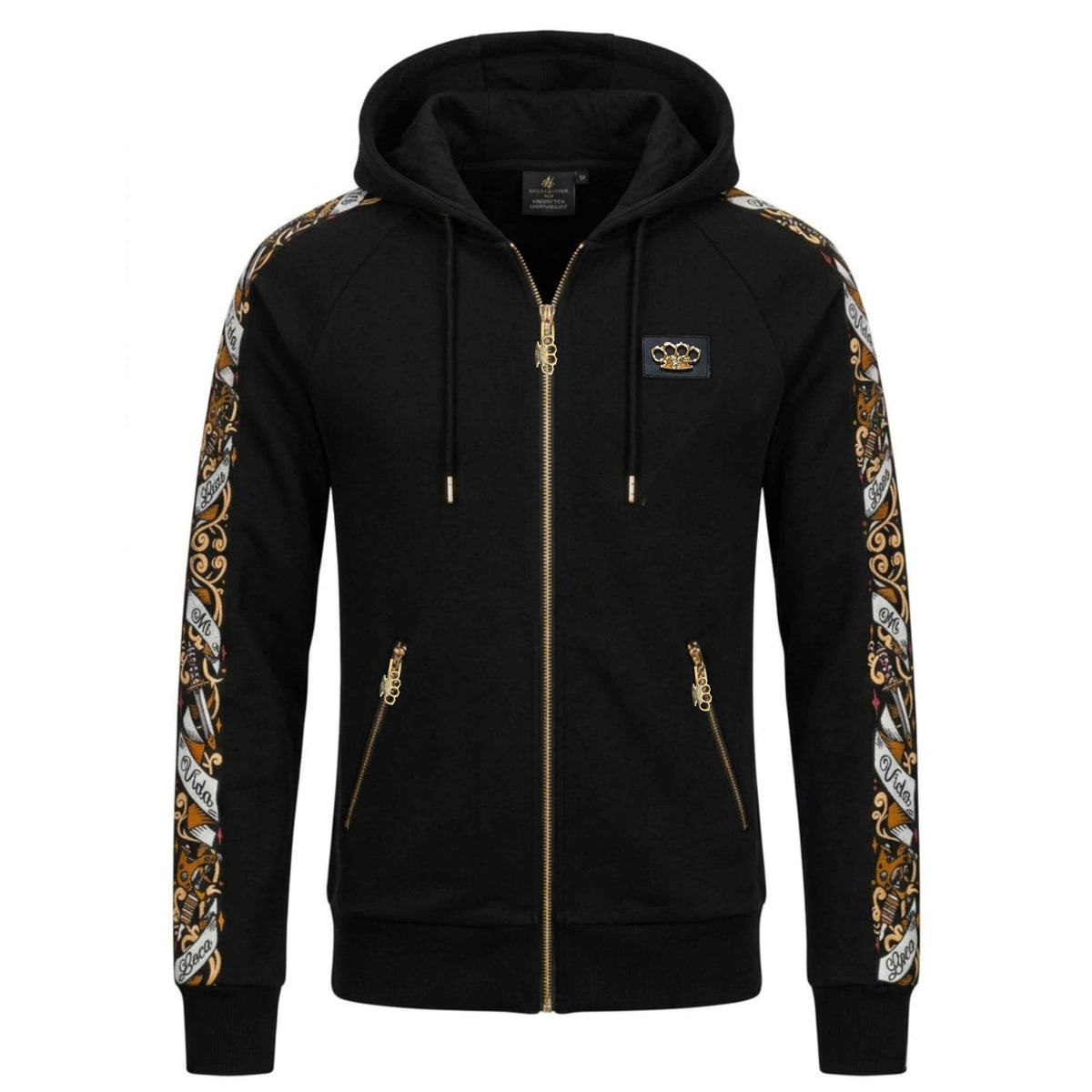 Sudadera de chándal MVL Savage ornate negra con cremallera dorada y logo MVL, vista frontal recta