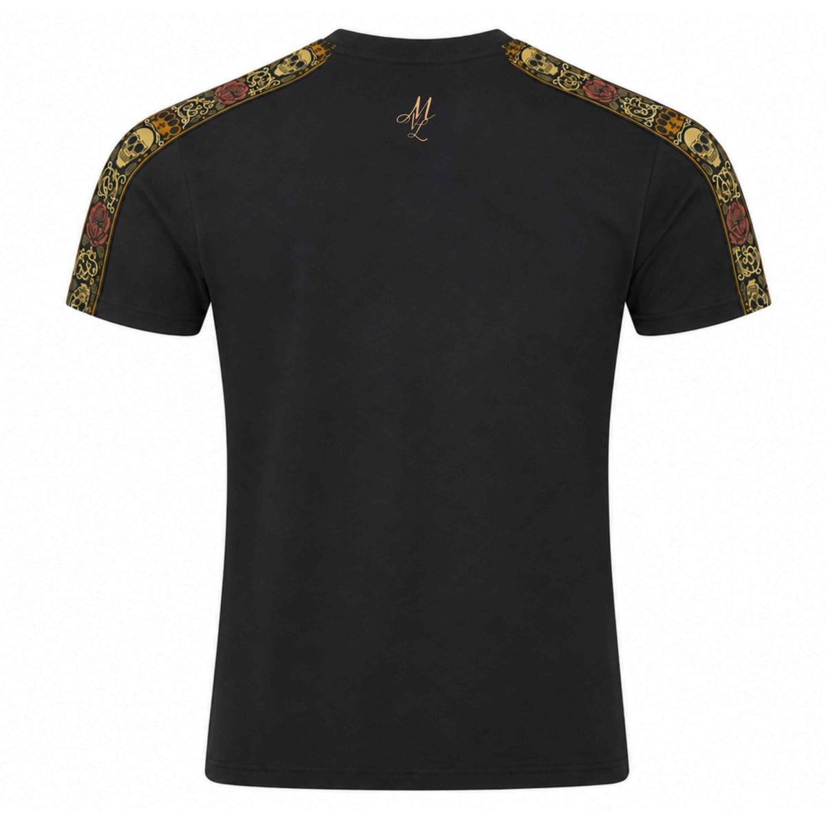 T-shirt Calavera noir, dos avec petit monogramme MVL dans la nuque et bande brodée sur les épaules