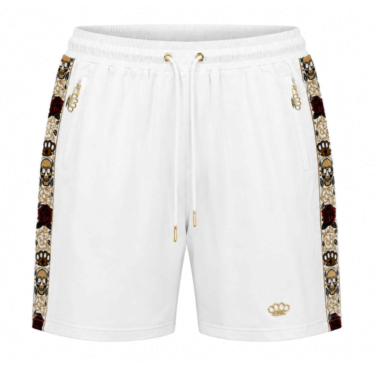 Mi Vida Loca Calavera Shorts in Weiß mit Totenkopf- und Rosen-Seitenbändern und goldenem MVL-Logo, Vorderseite