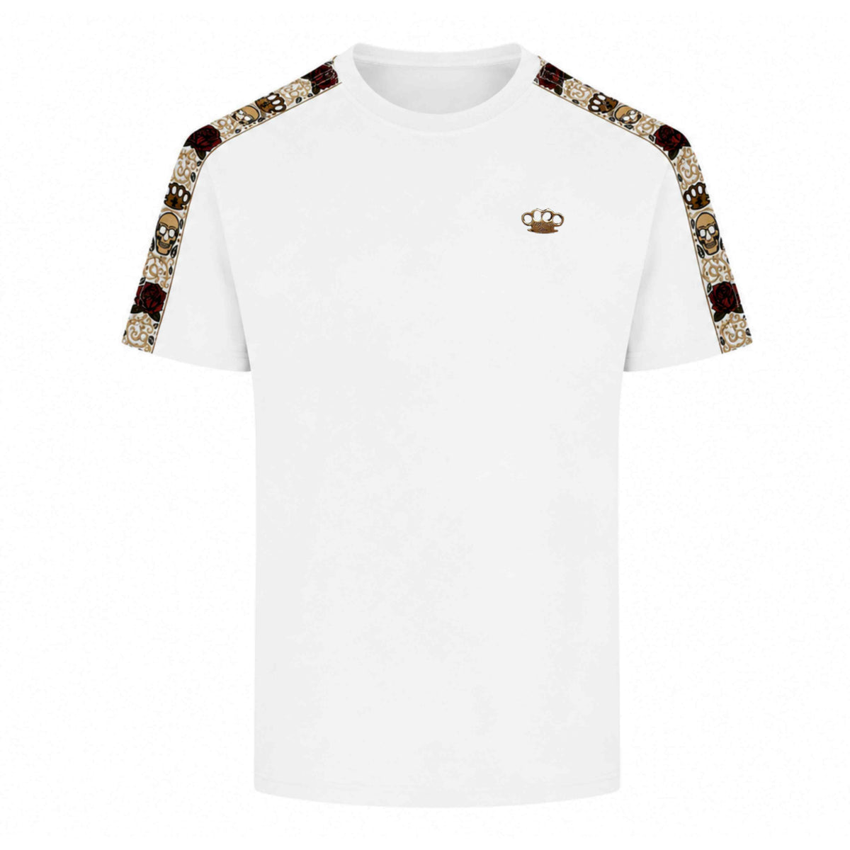 Mi Vida Loca Calavera T-Shirt weiß mit gestickten Schulterbändern und goldenem MVL-Logo, Vorderseite