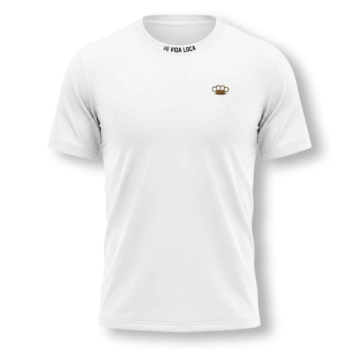 Trust nobody embroidery T-shirt in white, front with Mi Vida Loca at the neck and small gold MVL logo on the chest