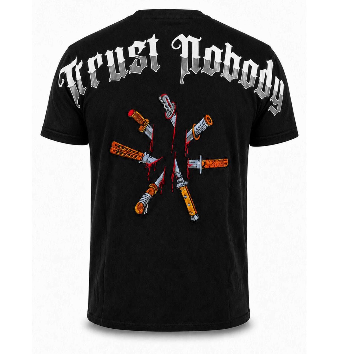T-shirt Mi Vida Loca Trust nobody back stab noir avec imprimé couteaux dans le dos, dos