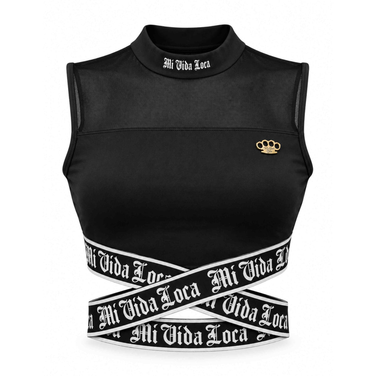Top femme Signature noir, devant avec col montant, logo MVL doré et bandes Mi Vida Loca croisées