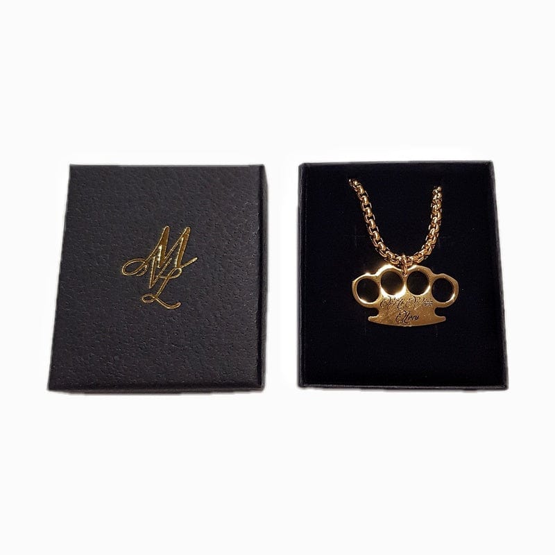 Goldene MVL Logo Kette in der offenen schwarzen Box neben dem Deckel mit goldenem MVL-Monogramm