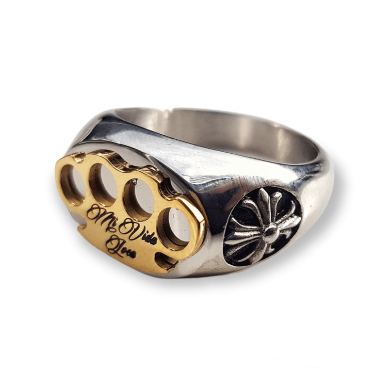 Bague Mi Vida Loca MVL Logo argentée avec logo MVL doré et gravure Mi Vida Loca, vue de côté