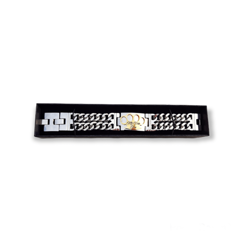 Bracciale MVL argento/oro nella confezione regalo MVL nera, vista dall'alto