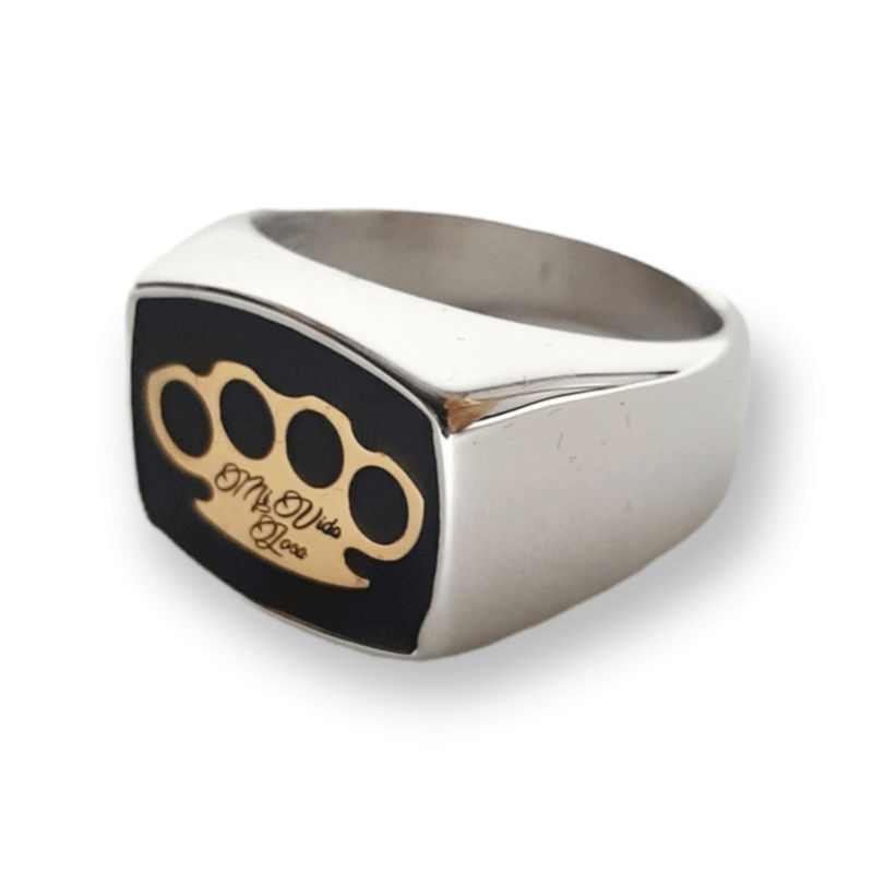 Mi Vida Loca MVL signet ring in silver with black face and gold MVL logo, angled front view