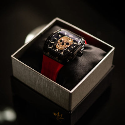 Automatyczny zegarek MVL z czaszką, japoński mechanizm / silikonowy pasek - czarny/czerwony