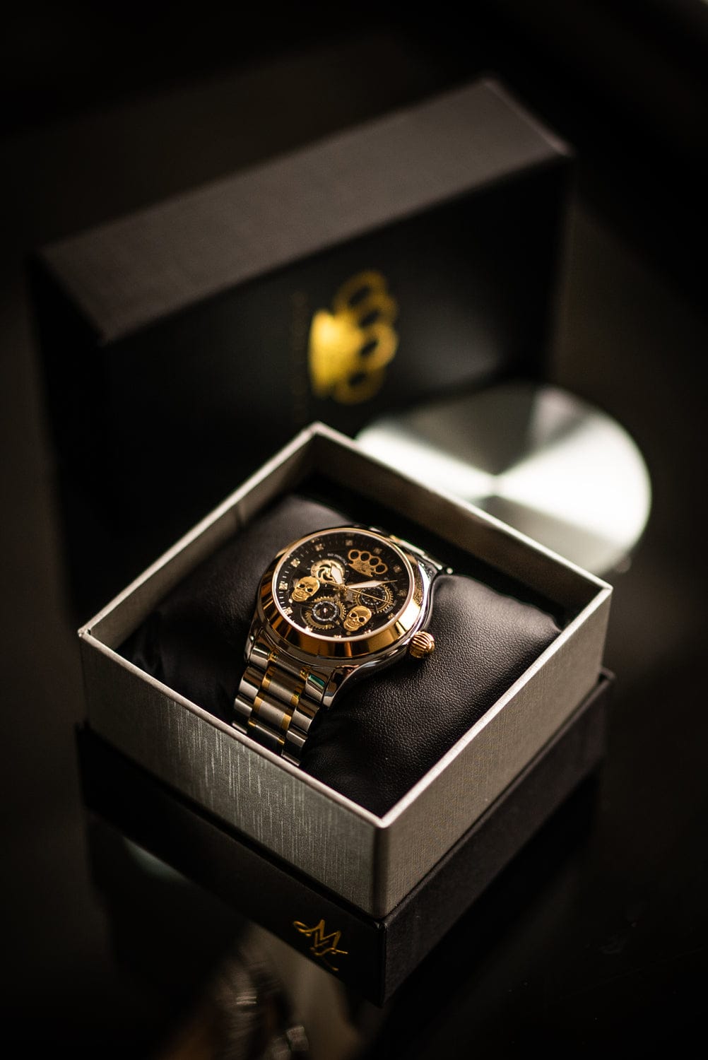 Zegarek na rękę automatyczny MVL „Podwójna czaszka” – srebrno-złoty