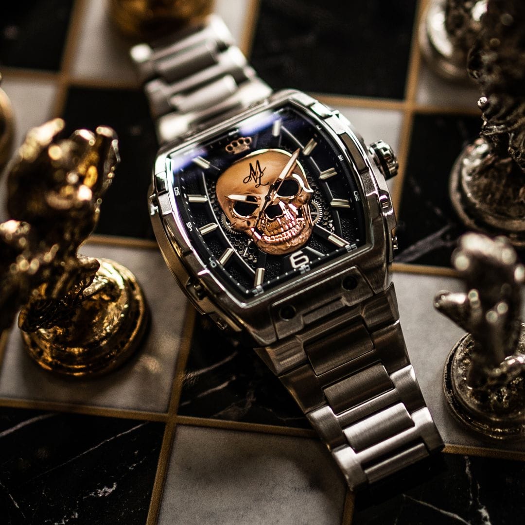 Montre automatique MVL tête de mort mouvement japonais - bracelet en acier - argenté