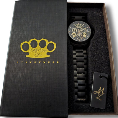 Montre-bracelet automatique MVL « Double crâne » - noir mat