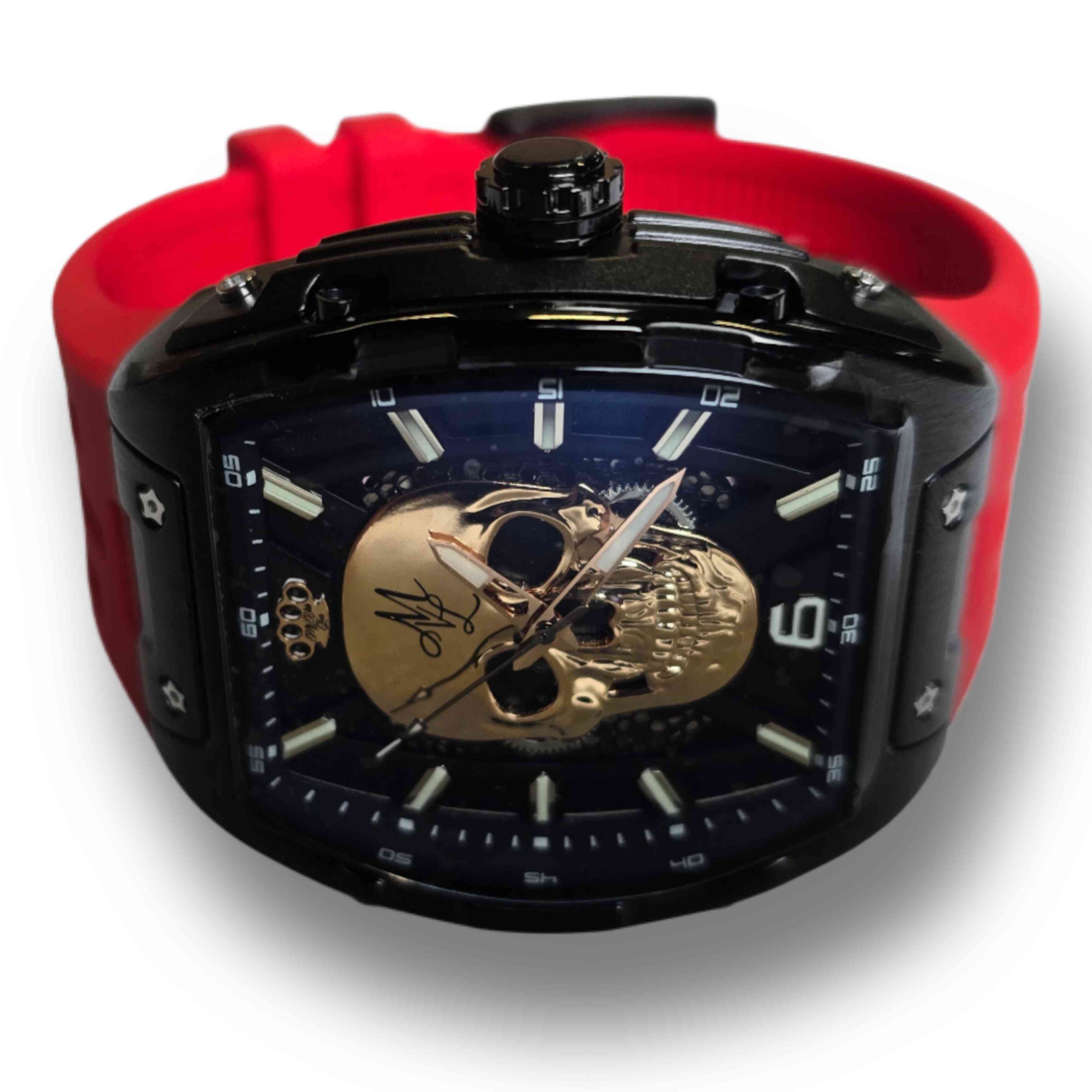 Orologio automatico MVL con teschio cinturino in silicone - nero/rosso