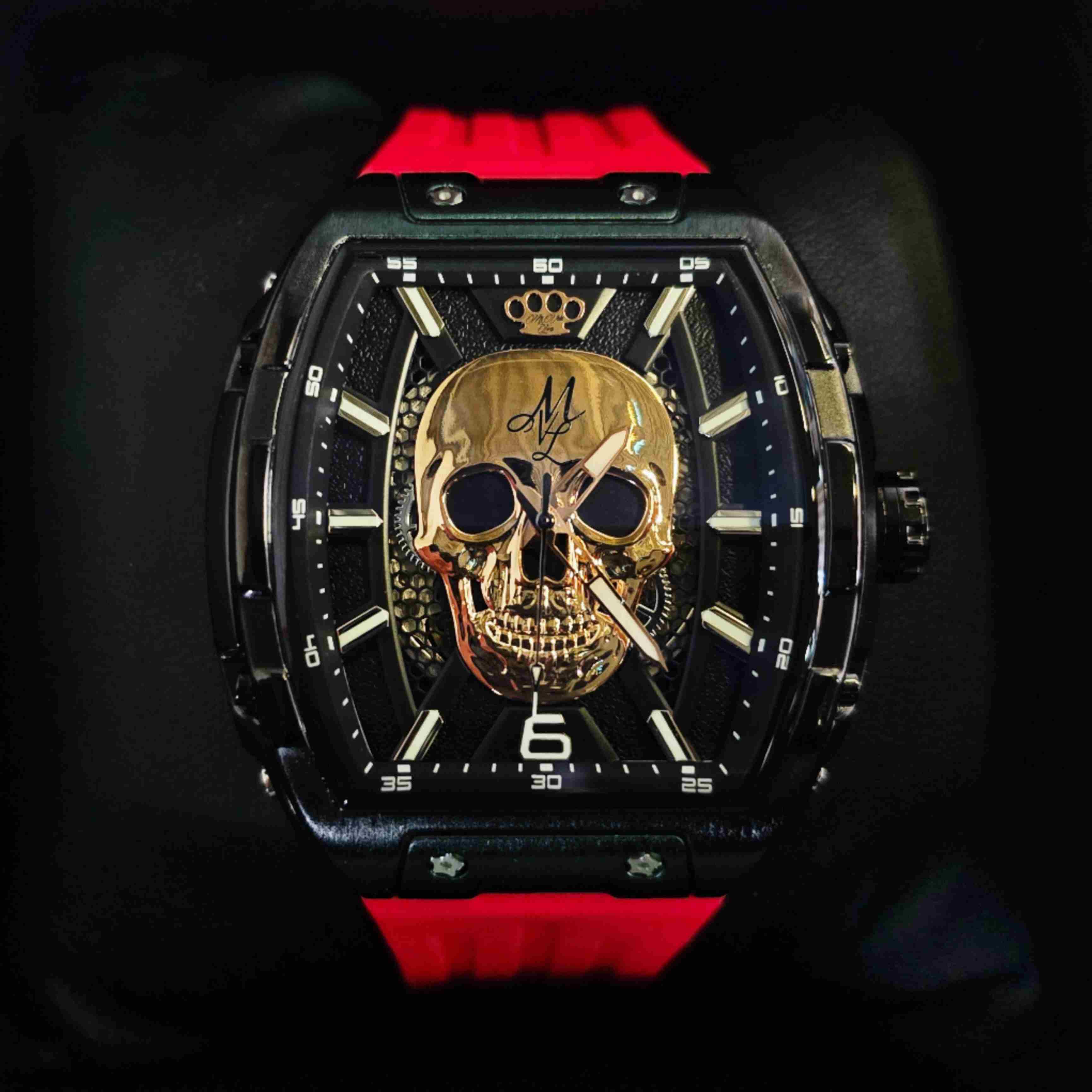 Orologio automatico MVL con teschio cinturino in silicone - nero/rosso