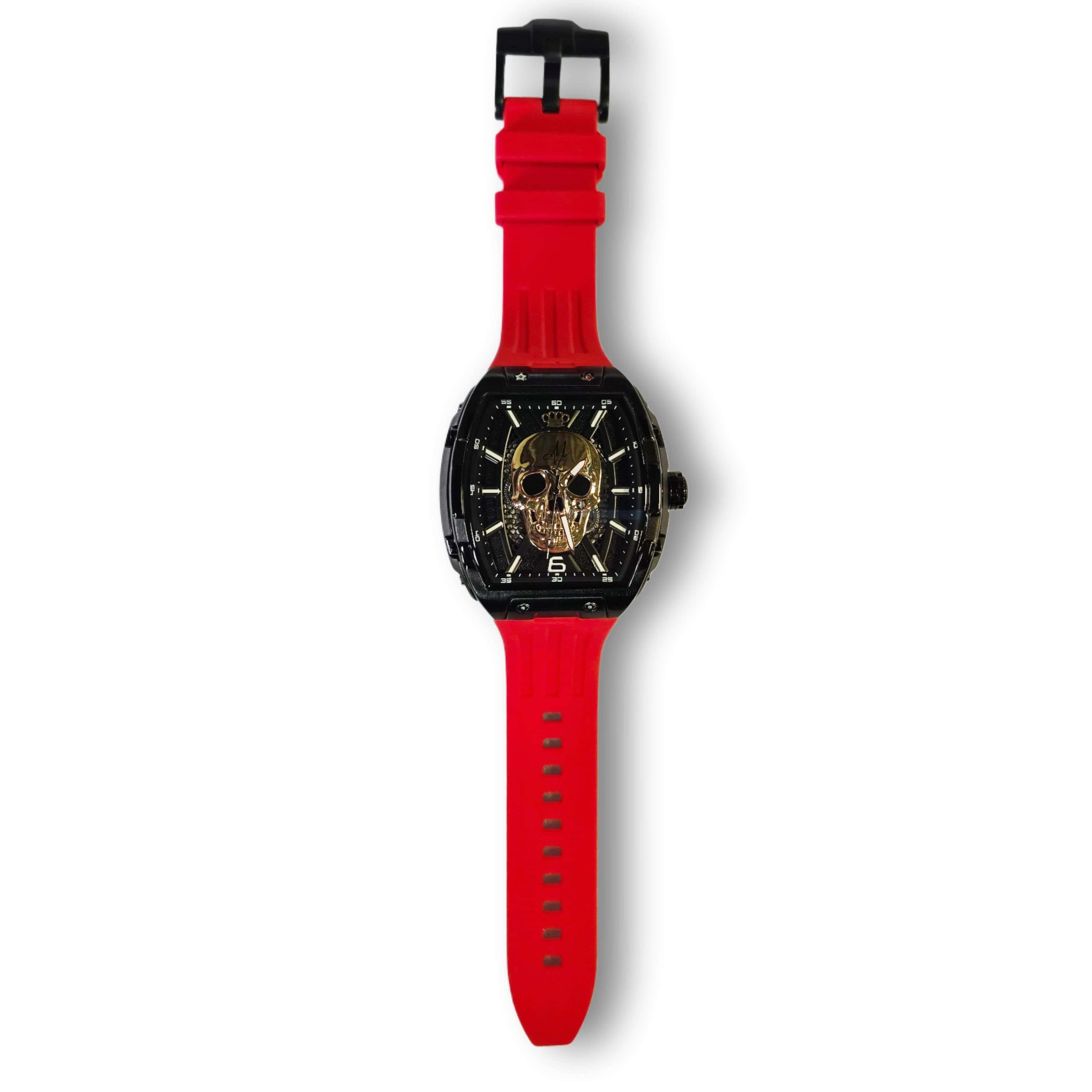 Orologio automatico MVL con teschio cinturino in silicone - nero/rosso