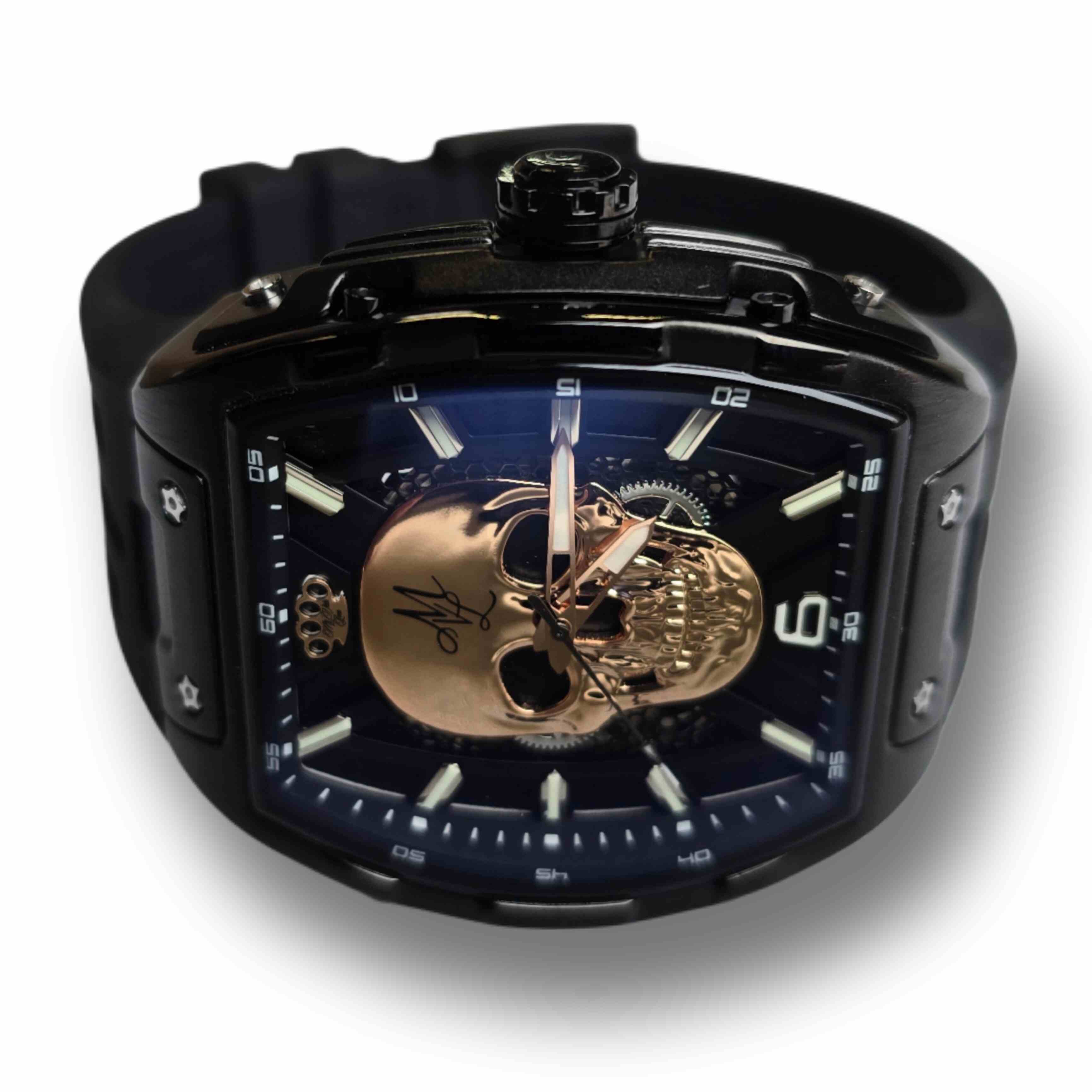 MVL Automatische Totenkopf-Uhr Silikonarmband - schwarz/schwarz