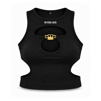 Vorderseite des schwarzen MVL Bad intentions Crop Tops mit Cut-outs und goldenem MVL-Logo auf weißem Hintergrund