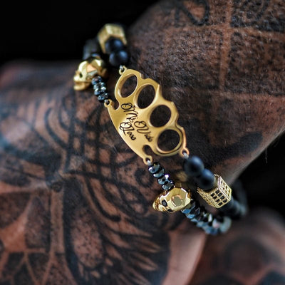 Bracelet MVL « Polygonal skulls » noir/doré